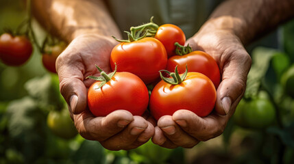 A farmer holds a handful of fresh tomatoes in his hands - obrazy, fototapety, plakaty