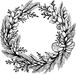 Vintage Christmas Wreath Icon in Hand-drawn Style