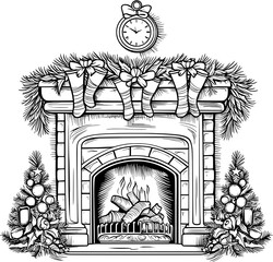 Vintage Christmas Fireplace Icon in Hand-drawn Style