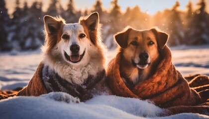 Dog Couple Trying To Warm Up Under a Blanket