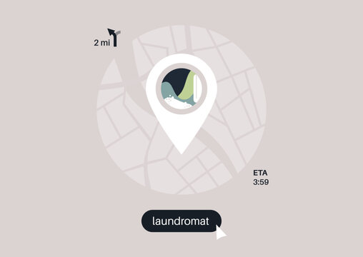 A geo tag on the map pinpoints a coin laundry, encapsulating the concept of managing household chores efficiently