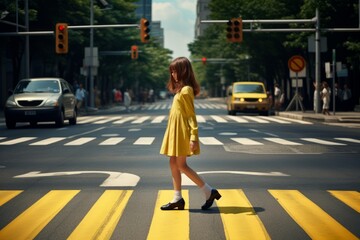 A schoolboy child crosses the road on a zebra crossing. A girl in bright yellow clothes crosses the road at a pedestrian crossing - obrazy, fototapety, plakaty