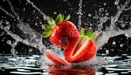 Super slow motion of strawberry slices collision with water splashes.