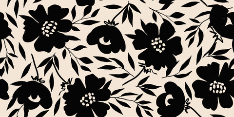 Flower seamless background. Minimalistic abstract floral pattern. Modern print in black and white background. Ideal for textile design, wallpaper, covers, cards, invitations and posters. - obrazy, fototapety, plakaty