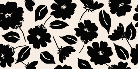 Flower seamless background. Minimalistic abstract floral pattern. Modern print in black and white background. Ideal for textile design, wallpaper, covers, cards, invitations and posters.