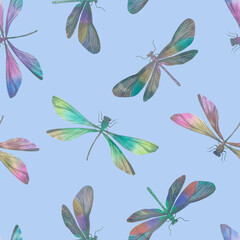 multi-colored dragonflies, seamless abstract pattern on a blue background