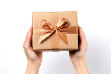 Woman holding gift box on white background, closeup. Christmas celebration