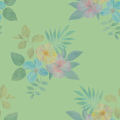 Fototapeta na wymiar seamless botanical pattern, watercolor flowers with leaves on a green background