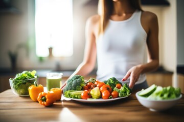 Wholesome living and detox representation. Snapshot of a slender girl in a white tee, whipping up a healthful vegetable lunch in a sun-soaked kitchen. Generated AI