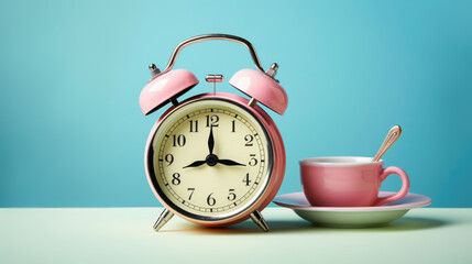 Classic alarm clock with a round face and bells on top, placed on a plate a light blue background.