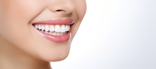 Oral care theme. Up-close cropped shot of a cheerful girl's mouth revealing her bright, healthy teeth against a clean white background. Generated AI
