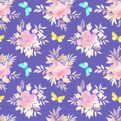 Fototapeta na wymiar Seamless floral pattern with flowers and leaves, watercolor illustration. Template design for wrapping paper, textiles, wallpaper, interior, clothes, postcards.
