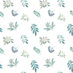 seamless botanical pattern, watercolor green leaves on a white background