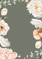 Obraz premium Watercolor floral frame with peonies, tulips, roses and camellia on a green background. Template for cards, posters, flyer, packaging. Place for text