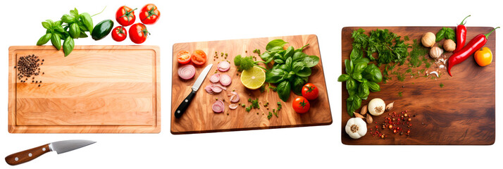 Set of kitchen cutting board with vegetables and spices, isolated on transparent background
 - obrazy, fototapety, plakaty