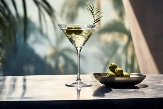 Green olives in martini glass on table with palm tree background