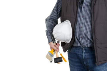 Craftsman with tools hat and hand drill isolated on white png transparent background