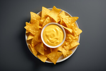 Nachos with cheese sauce in bowl on black background, top view, copy space - obrazy, fototapety, plakaty