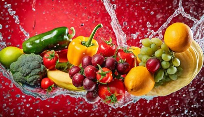 Fruits and vegetables flying with water splash red background 