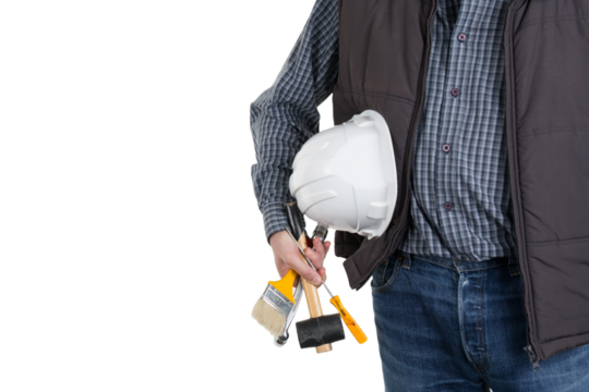 Craftsman with tools hat and hand drill isolated on white png transparent background