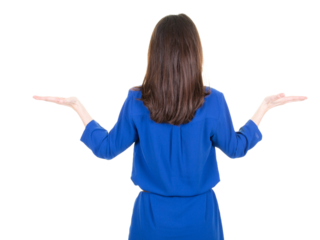 back woman in blue dress holding imaginary object on the palm behind view isolated on white png transparent background