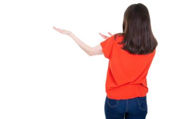 back rear view slim young woman brunette presenting aside looking blank side copy space on white png transparent background