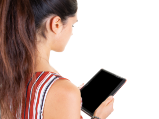 rear behind woman websurfing on digital tablet computer at white wall on png transparent background
