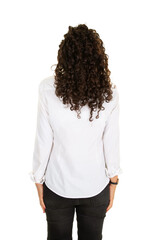 rear view slim young pretty brunette woman from behind with back long straight curly hair on white...