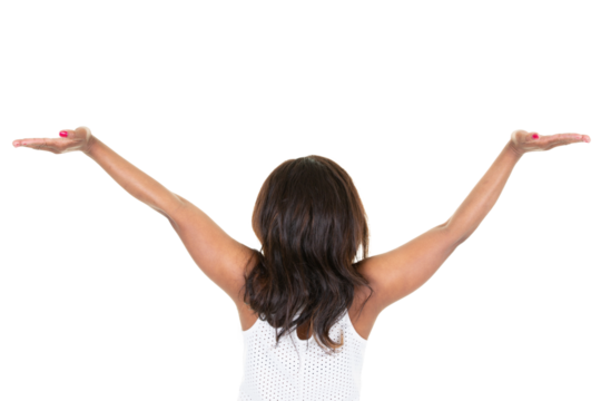 Cheerful african woman with hands stand up in rear back view on white png transparent background - Powered by Adobe