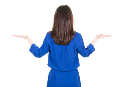 back woman in blue dress holding imaginary object on the palm behind view isolated on white png transparent background