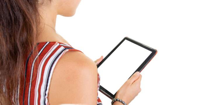 rear view behind woman websurfing on digital tablet computer on white png transparent background and blank empty mock-up screen