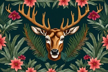 Tropic flower with a deer head. Embroidery patch sticker with front view. Textile print with wild animal stitch texture. Logo of the Jungle