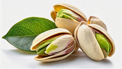 Pistachio with leaf on white background