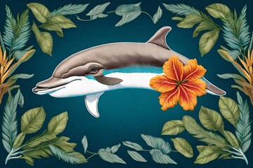 Tropical flower with a dolphin head design. Embroidery patch sticker with front view. Textile print...