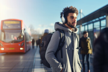 Handsome young man with headphones listening to music and walking at the train station - obrazy, fototapety, plakaty