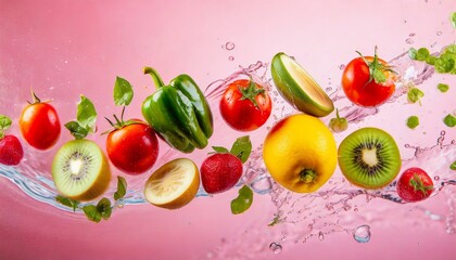 Fruits and vegetables flying with water splash pink background