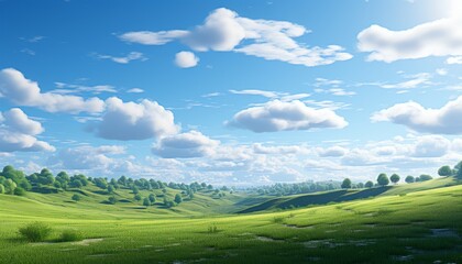 Obraz premium Majestic panoramic view of vast green fields and serene blue sky with fluffy white clouds