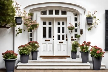Fototapeta na wymiar An inviting white front door adorned with small square decorative windows and complemented by charming flower pots. 