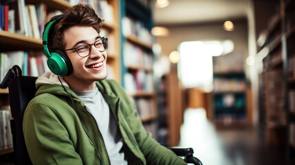 Cheerful young person in a wheelchair wearing headphones, sitting in a library with bookshelves in the background. - obrazy, fototapety, plakaty