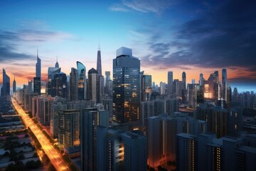 Obraz premium Cityscape skyline aerial view at dusk