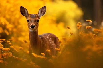 Foto auf Leinwand Portrait of a young roe deer. Animal in the wild. Roe deer hunting. Hunting season. © Yuliia