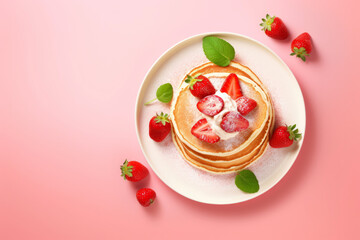 Plate with tasty pancakes and strawberries on color background, top view