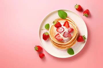 Foto op Plexiglas Plate with tasty pancakes and strawberries on color background, top view © Ivan