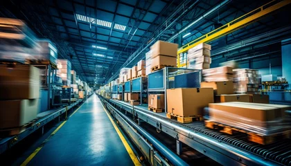 Foto op Canvas Dynamic conveyor belt transporting cardboard box packages in busy warehouse fulfillment center © Ilja