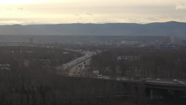 View of the city of Krasnoyarsk, Oktyabrsky Bridge in winter