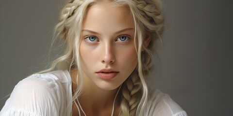 young modern nordic woman with braided blonde hair - obrazy, fototapety, plakaty