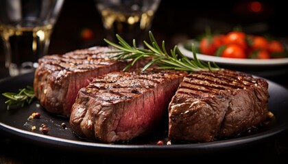 Perfectly cooked juicy ribeye steak slices close up of mouthwatering tenderness and rich flavor