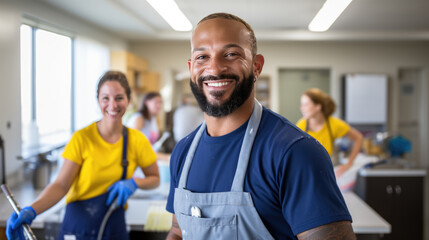 Smiling man in a cleaning service uniform with colleagues in the background, indicating a professional cleaning team at work.