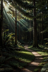 Fototapeta premium Morning in the Woods, A Generative AI's Mythical Forest Symphony in Hypermaximalist Splendo