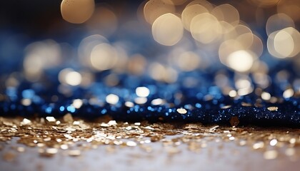 Dark blue and gold particle background with golden light shine, bokeh, and gold foil texture. - obrazy, fototapety, plakaty